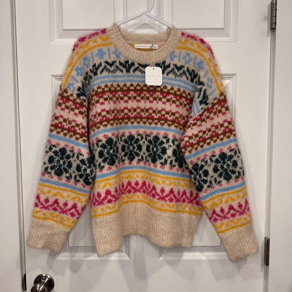Altar'd State Women Fair Isle Snowflake Crewneck Sweater Multi Color Size XS NWT - Picture 2 of 5